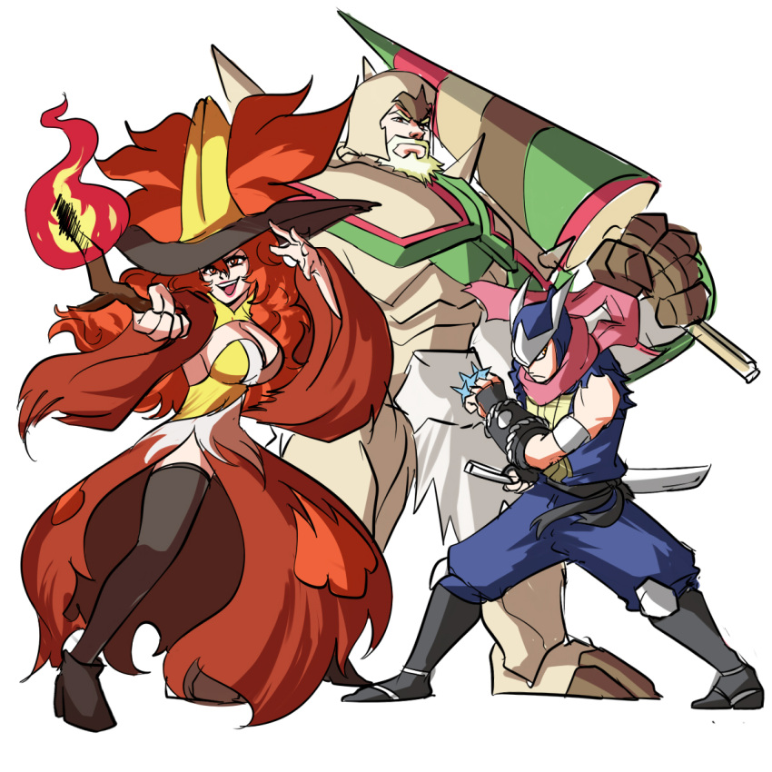 1girl 2boys armor armored_boots beard boots breastplate chesnaught closed_mouth commentary delphox dress english_commentary evil_smile facial_hair fighting_stance fire full_armor full_body gauntlets gen_6_pokemon greaves greninja hat height_difference helmet highres holding holding_lance holding_polearm holding_weapon knight lance long_hair long_sleeves looking_at_viewer multiple_boys ninja open_mouth over_shoulder pants personification pokemon pokemon_(game) pokemon_xy polearm redhead serious sheath shoes shoulder_armor shuriken simple_background smile spiked_armor spikes standing sword thigh-highs tina_fate v-shaped_eyebrows very_long_hair vest wand weapon weapon_over_shoulder white_background wide_sleeves witch witch_hat zettai_ryouiki