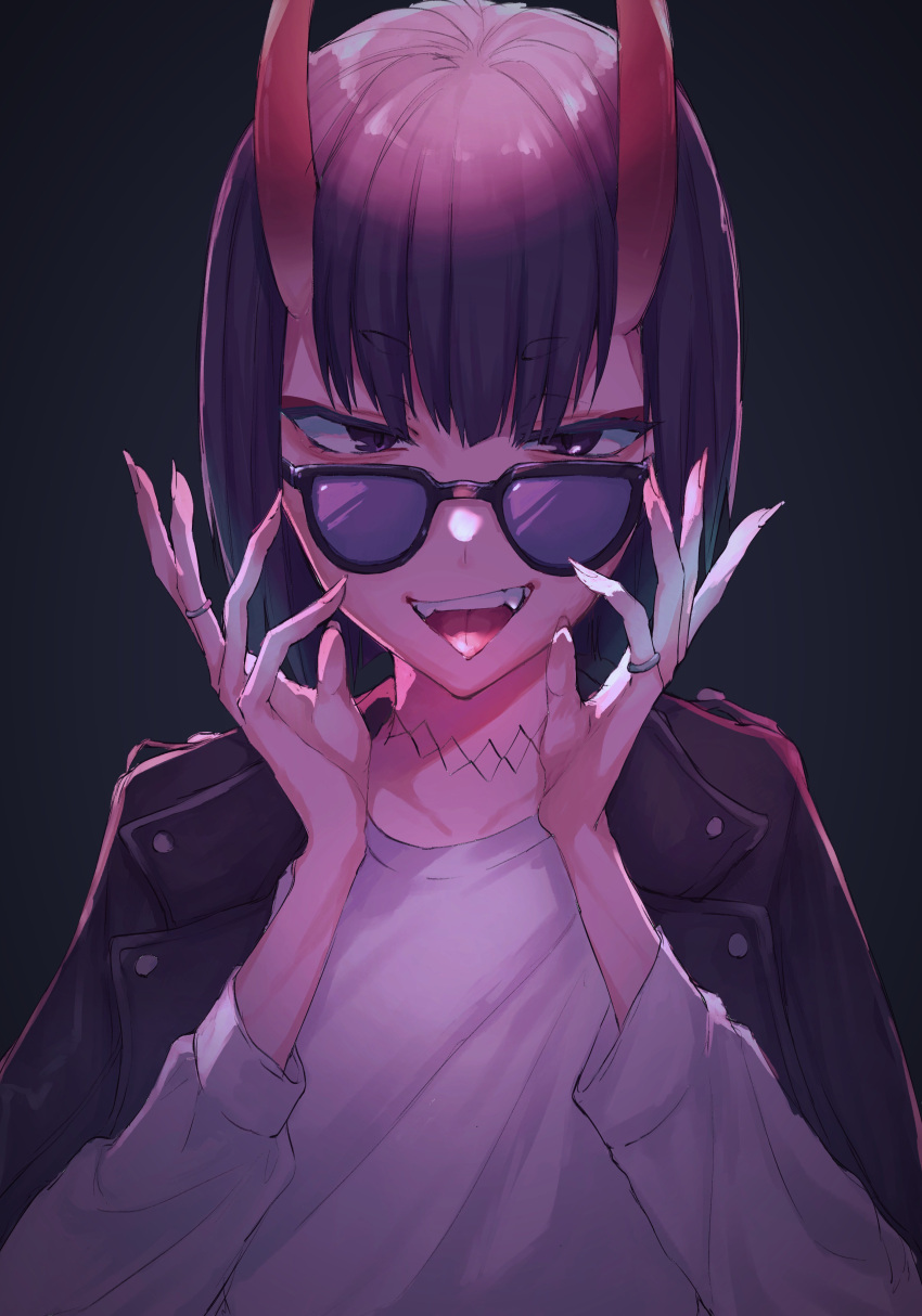 1girl absurdres bangs black_jacket bob_cut breasts eyeliner fate/grand_order fate_(series) highres horns ichiya1115 jacket jacket_on_shoulders jewelry long_sleeves looking_at_viewer makeup oni oni_horns open_clothes open_jacket open_mouth purple_hair ring shirt short_hair shuten_douji_(fate/grand_order) skin-covered_horns smile sunglasses teeth violet_eyes white_shirt