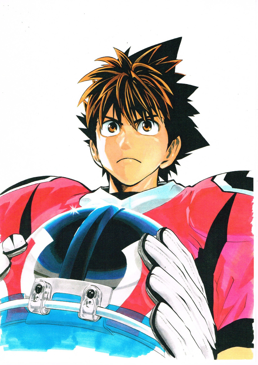 1boy brown_eyes brown_hair closed_mouth eyeshield_21 football_helmet football_uniform foreshortening gloves hair_between_eyes helmet highres holding holding_helmet kobayakawa_sena murata_yuusuke official_art red_shirt scan serious shirt shoulder_pads simple_background solo spiky_hair sportswear traditional_media upper_body white_background