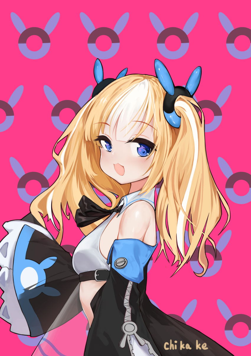 1girl absurdres artist_name azur_lane bangs bare_shoulders black_ribbon blonde_hair blue_eyes breasts chikage_(artist) chinese_commentary collared_shirt commentary_request crop_top detached_sleeves eyebrows_visible_through_hair from_side highres kalk_(azur_lane) long_sleeves looking_at_viewer medium_hair multicolored_hair neck_ribbon ribbon shirt sidelocks signature sleeves_past_fingers sleeves_past_wrists small_breasts solo standing stomach streaked_hair twintails upper_body white_hair wide_sleeves zipper zipper_pull_tab