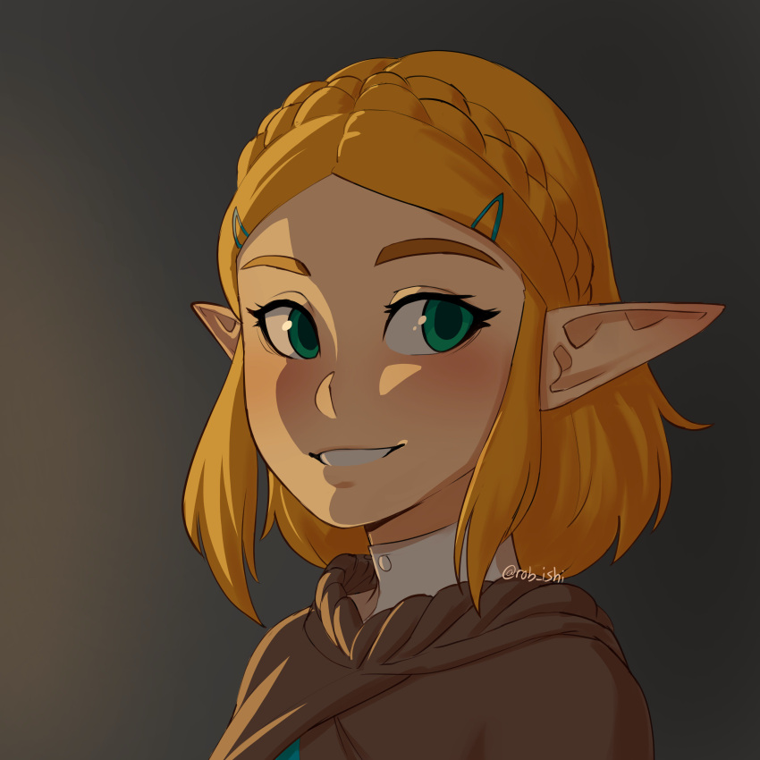 1girl absurdres artist_name bangs blonde_hair blush braid brown_cape cape crown_braid english_commentary face gradient gradient_background green_eyes hair_ornament hairclip highres looking_at_viewer parted_bangs pointy_ears portrait princess_zelda rob_ishi short_hair smile solo teeth the_legend_of_zelda the_legend_of_zelda:_breath_of_the_wild the_legend_of_zelda:_breath_of_the_wild_2 thick_eyebrows