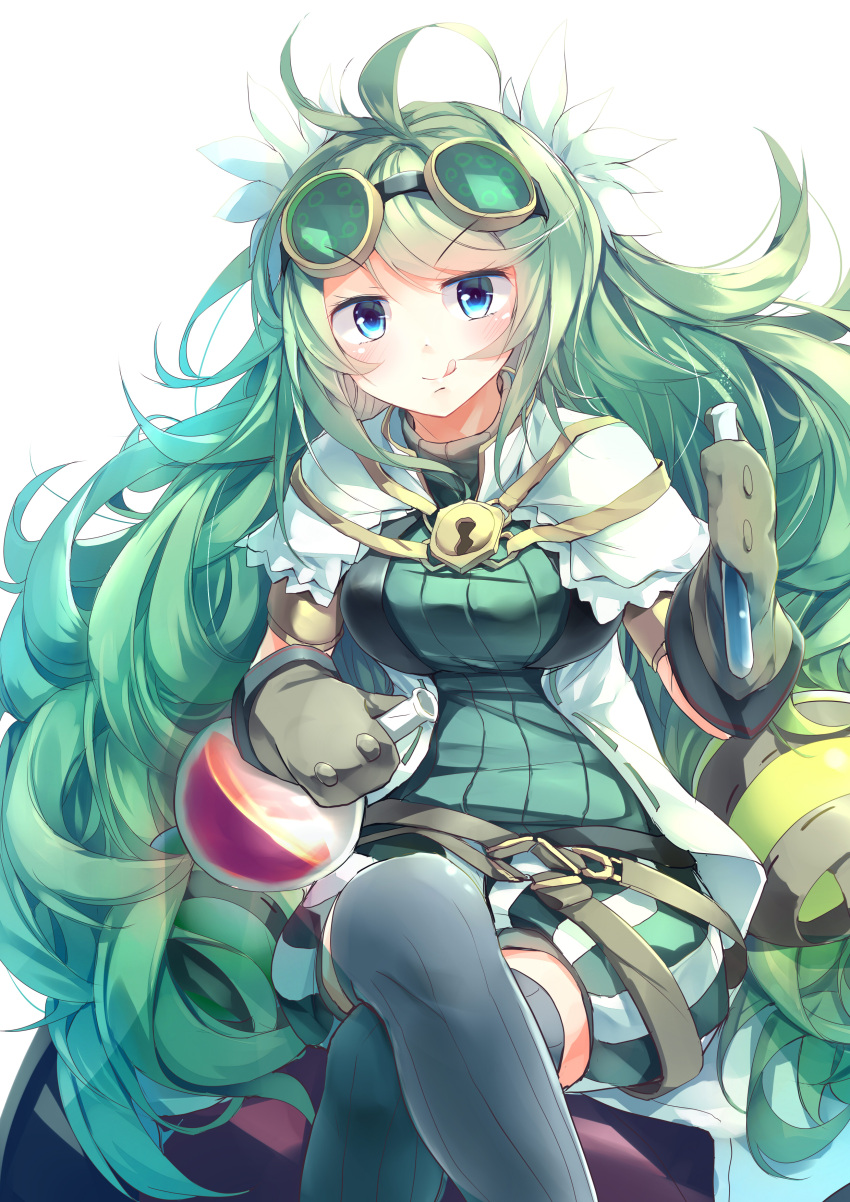 1girl :d absurdres alchemic_magician belt blue_eyes crossed_legs duel_monster feet_out_of_frame gloves goggles goggles_on_head green_hair hair_between_eyes highres holding_test_tube jacket kanzakietc lock long_hair mittens open_clothes open_jacket open_mouth puffy_shorts ribbed_sweater round-bottom_flask short_sleeves shorts sitting smile solo striped striped_shorts sweater test_tube thigh-highs turtleneck vertical_stripes very_long_hair white_background yu-gi-oh!