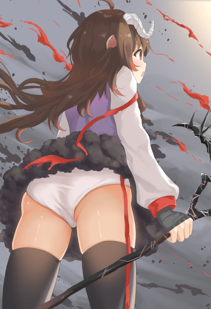 1girl ahoge animal_ears arknights ass black_legwear brown_hair commentary_request cowboy_shot eyjafjalla_(arknights) from_behind grey_background highres holding holding_staff horns long_hair long_sleeves panties red_eyes sheep_ears sheep_horns solo staff standing thigh-highs thighs underwear white_panties yuetsu