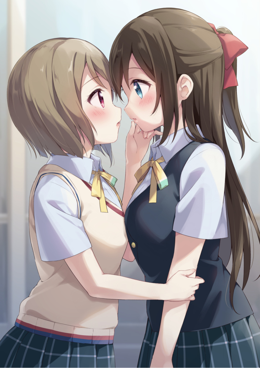 2girls arm_holding blue_eyes blue_skirt blue_vest blush brown_hair collared_shirt cowboy_shot eye_contact face-to-face half_updo hand_on_another's_arm hand_on_another's_cheek hand_on_another's_face hazuki_(sutasuta) highres imminent_kiss looking_at_another love_live! love_live!_nijigasaki_high_school_idol_club multiple_girls nakasu_kasumi neck_ribbon nijigasaki_academy_uniform ousaka_shizuku plaid plaid_skirt pleated_skirt red_eyes ribbon school_uniform shirt short_sleeves skirt summer_uniform sweater_vest vest white_shirt yellow_neckwear yuri