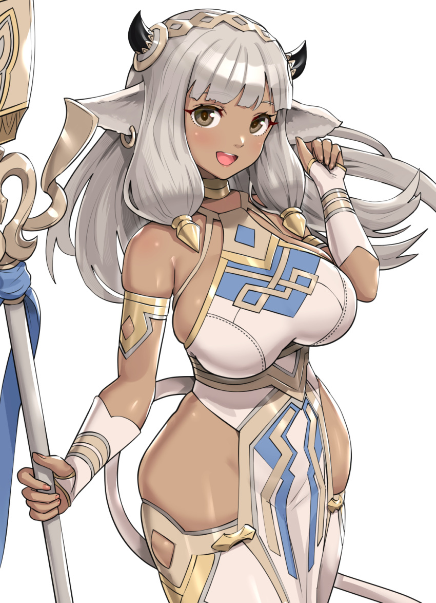 1girl :d animal_ears black_horns breasts brown_eyes commentary_request copyright_request dark-skinned_female dark_skin fingernails gonzarez highres holding holding_staff horns large_breasts long_hair looking_at_viewer open_mouth silver_hair simple_background smile solo staff thighs white_background