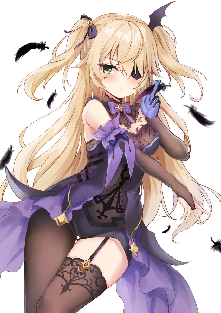 1girl absurdres bangs bare_shoulders blonde_hair blush bodystocking bow breasts chuunibyou eric_(tianqijiang) eyepatch feathers fischl_(genshin_impact) garter_straps genshin_impact gloves green_eyes hair_over_one_eye highres long_hair looking_at_viewer outstretched_arm purple_bow purple_neckwear single_glove single_leg_pantyhose single_thighhigh small_breasts thigh-highs thighs two_side_up