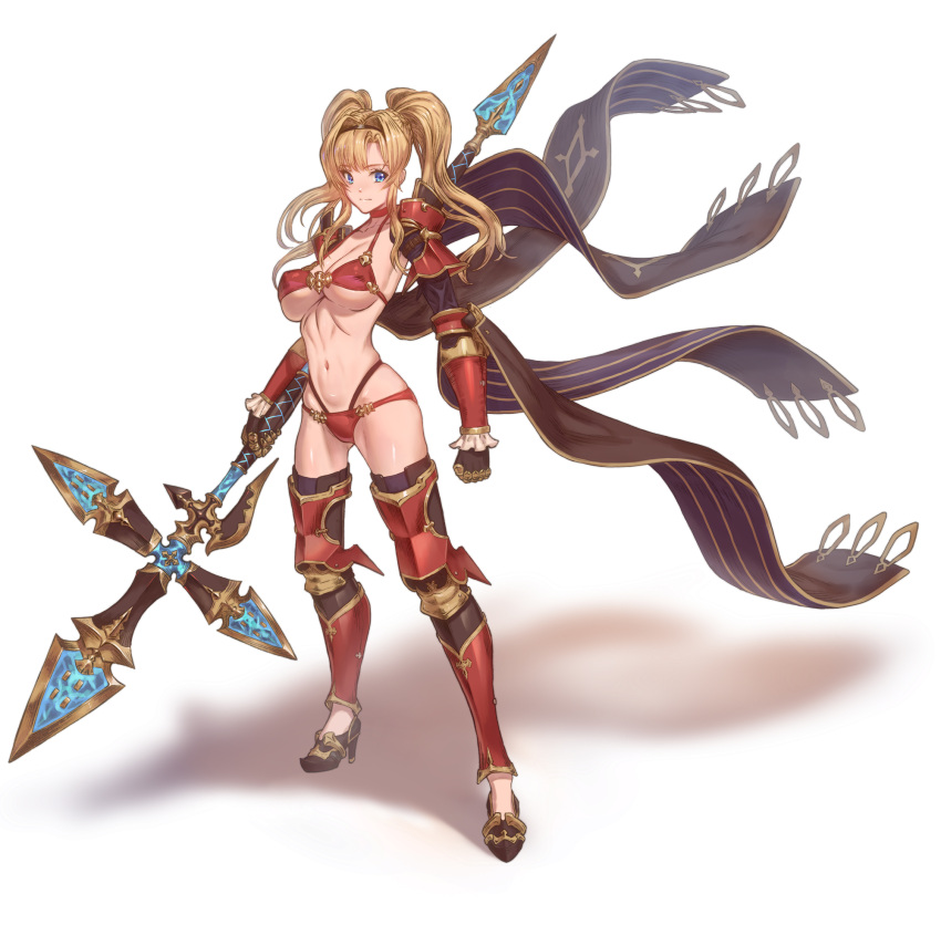 1girl armor bikini blonde_hair blue_eyes breasts choker closed_mouth eyebrows_visible_through_hair full_body gauntlets granblue_fantasy highres holding holding_polearm holding_weapon large_breasts long_hair looking_at_viewer navel polearm red_bikini red_choker solo standing swimsuit tekkai_blade twintails weapon zeta_(granblue_fantasy)