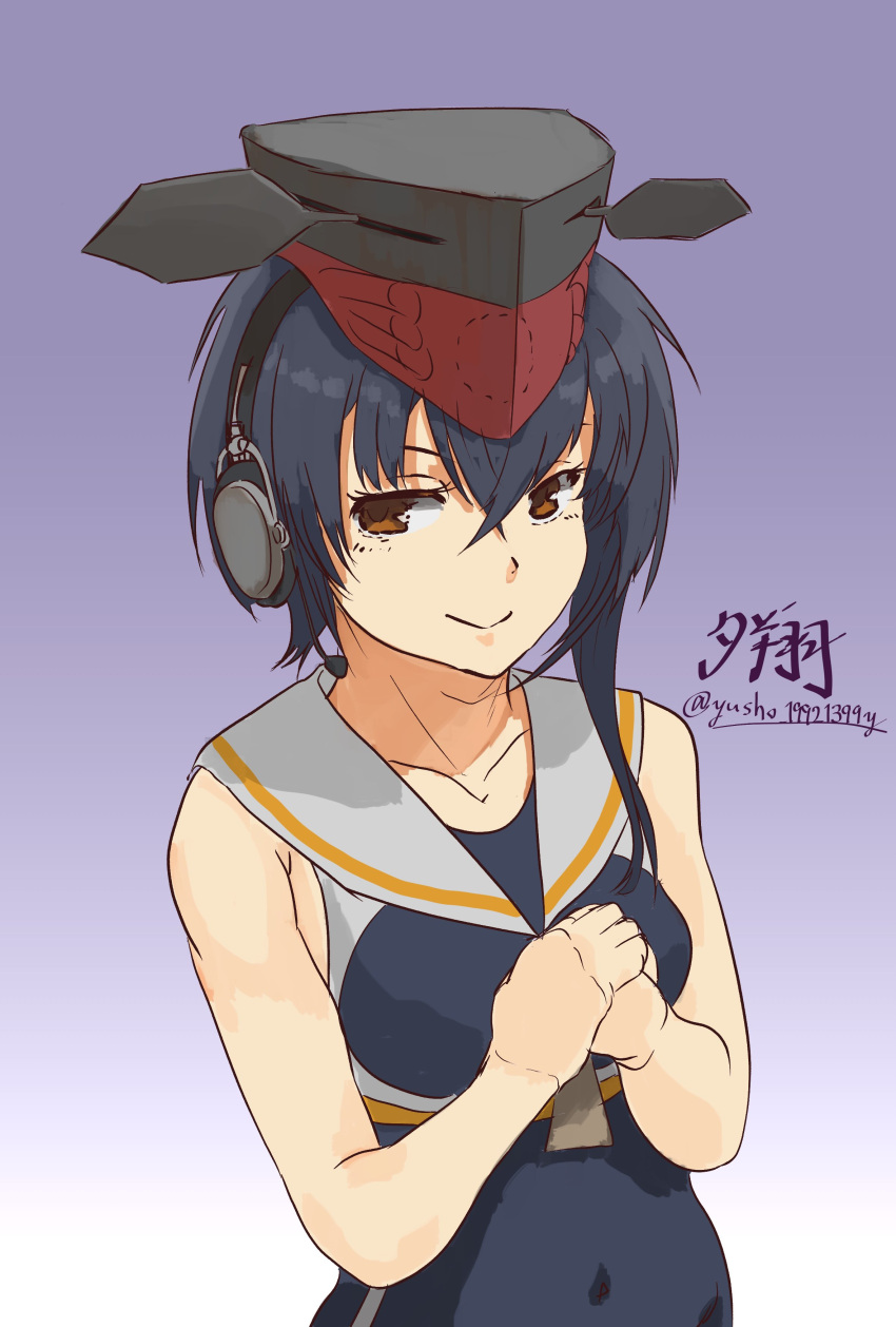 absurdres asymmetrical_hair black_hair black_swimsuit breast_cutout brown_eyes cowboy_shot crop_top framed_breasts gradient gradient_background hair_between_eyes hands_on_own_chest headphones highres i-13_(kancolle) kantai_collection purple_background sailor_collar school_swimsuit short_hair swimsuit swimsuit_under_clothes twitter_username white_sailor_collar yuushou