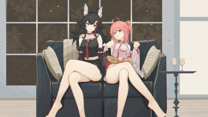 2girls animal_ears barefoot bell black_hair breasts brown_eyes cauchyconjugacy cherry_blossoms chromatic_aberration collar confetti couch crop_top crossover cup cushion detached_sleeves drinking_glass eyelashes green_eyes hair_bell hair_ornament hand_on_another's_shoulder henohenomoheji highres hololive indoors japanese_clothes jingle_bell large_breasts leaf legs light_smile long_hair looking_at_another looking_at_viewer maple_leaf maple_tree messy_hair miko multicolored_hair multiple_girls neckerchief one_side_up ookami_mio open_mouth paw_pose pink_hair red_collar red_neckwear rope sakura_miko shimenawa shirt sitting sleeveless sleeveless_shirt smile streaked_hair striped_pillow table thighs tree virtual_youtuber wide_sleeves window wine_glass wolf_ears wooden_floor