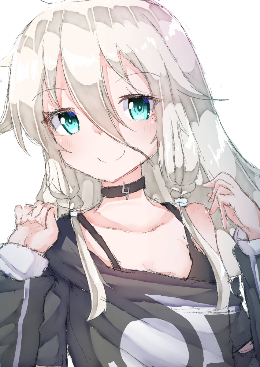 1girl absurdres aqua_eyes black_shirt cevio choker commentary hands_up highres homumaru ia_(vocaloid) long_hair looking_at_viewer off-shoulder_shirt off_shoulder platinum_blonde_hair shirt sidelocks sketch smile upper_body vocaloid white_background