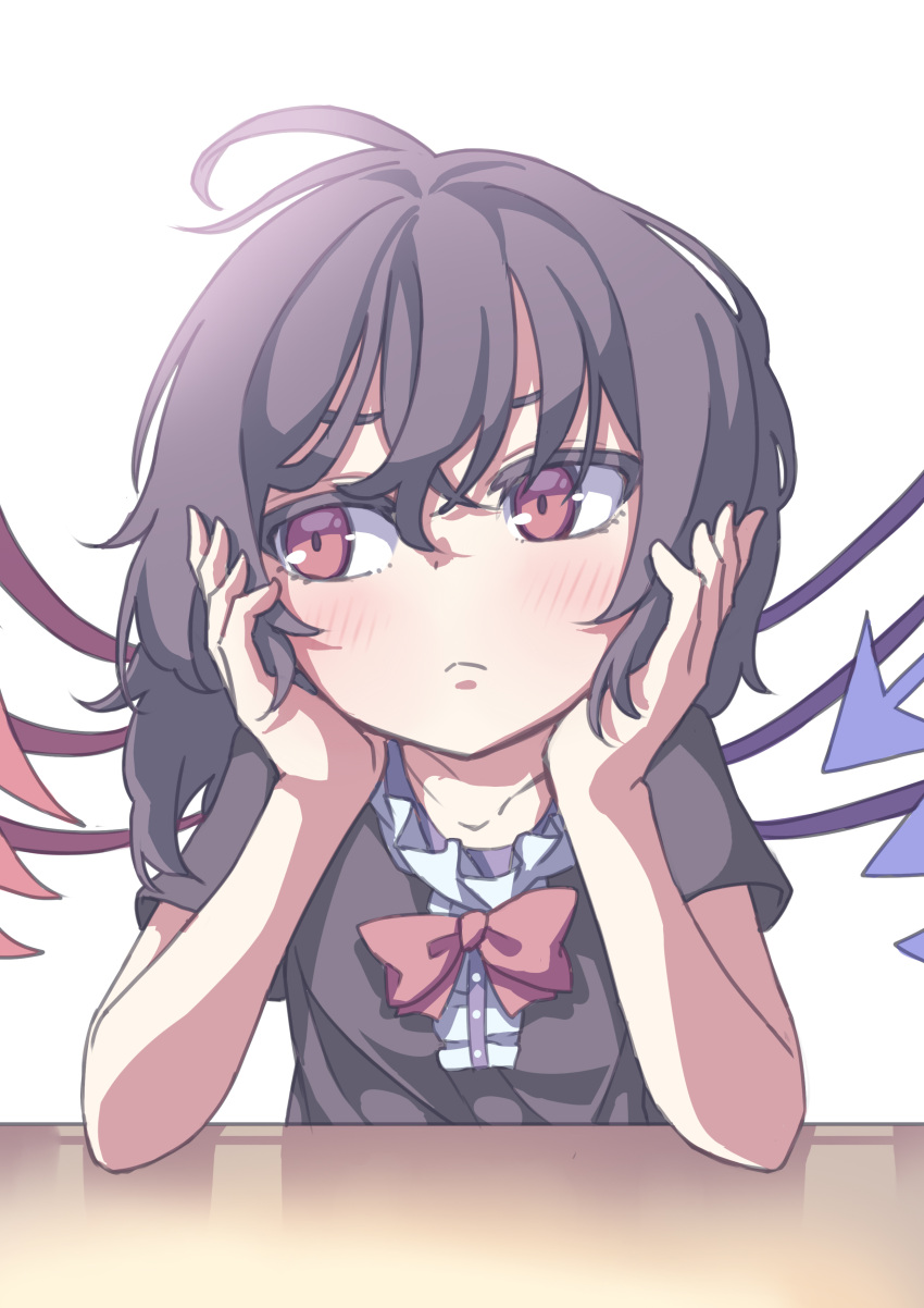 1girl absurdres ahoge asymmetrical_wings black_hair blush bow bowtie closed_mouth collarbone eyebrows_behind_hair flat_chest frills frown hair_between_eyes head_rest highres houjuu_nue kamepan44231 looking_to_the_side medium_hair red_bow red_eyes red_neckwear red_shirt shirt short_sleeves simple_background solo table touhou white_background wings