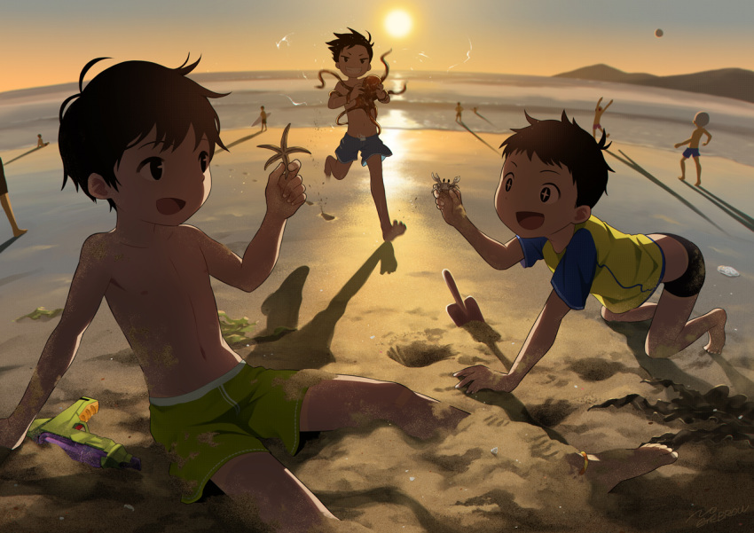 +_+ 6+boys :d algae all_fours animal anklet arm_support bare_arms bare_shoulders barefoot beach brown_hair child crab evening fisheye footprints grin holding holding_animal horizon jewelry long_hair male_focus male_swimwear multiple_boys noeyebrow_(mauve) ocean octopus open_mouth original outdoors running sand shirt short_sleeves sitting smile starfish summer sunset swim_trunks swimwear t-shirt very_long_hair water water_gun