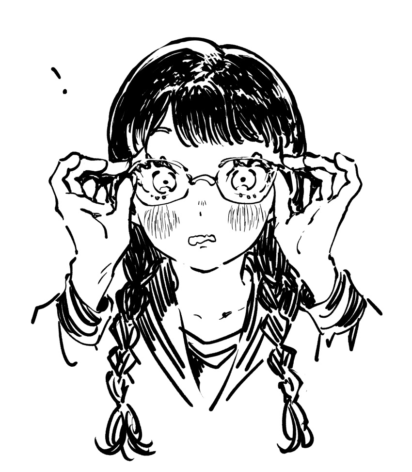 ! 1girl adjusting_eyewear blush bomhat braid commentary english_commentary glasses greyscale hands_up highres long_hair monochrome original parted_lips sailor_collar school_uniform serafuku simple_background solo twin_braids upper_body white_background