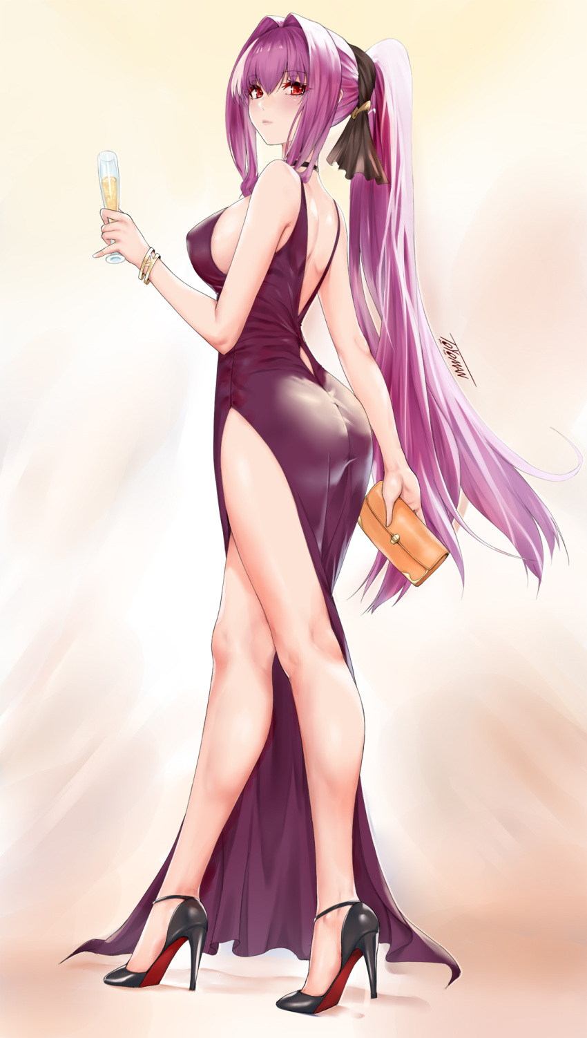 1girl alcohol alternate_costume ass bag bangle bangs bare_arms bare_legs bare_shoulders black_footwear black_ribbon bracelet breasts champagne champagne_flute closed_mouth commentary_request cup dress drinking_glass evening_gown eyebrows_visible_through_hair fate/grand_order fate_(series) from_side hair_intakes hair_ribbon handbag high_heels high_ponytail highres holding holding_bag holding_cup jewelry large_breasts legs long_hair looking_at_viewer looking_to_the_side pelvic_curtain purple_dress red_eyes revision ribbon scathach_(fate)_(all) scathach_(fate/grand_order) sideboob sidelocks signature sleeveless sleeveless_dress smile solo toyoman very_long_hair