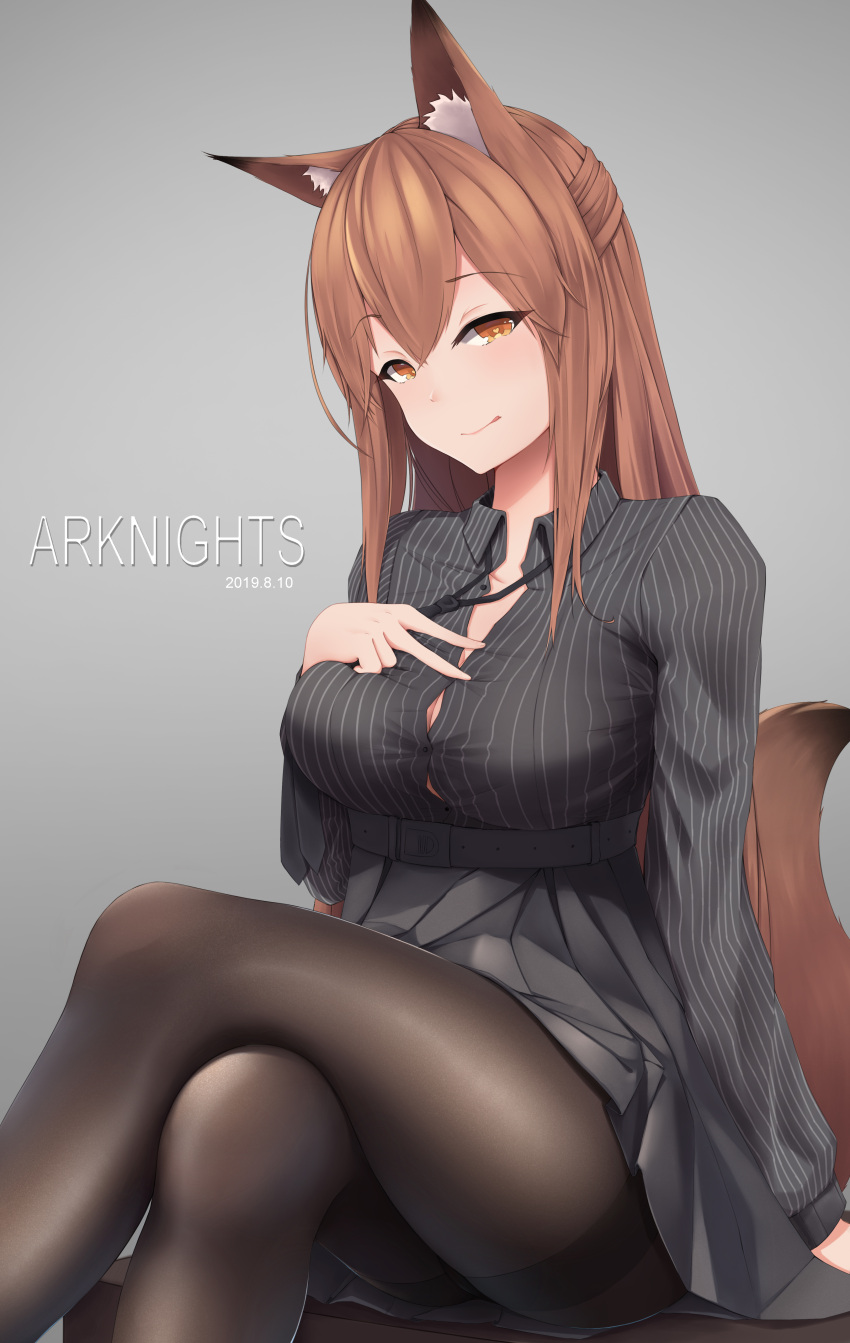 1girl :q absurdres animal_ear_fluff animal_ears arknights bangs belt black_belt black_legwear black_shirt black_skirt breasts brown_eyes brown_hair button_gap collared_shirt copyright_name crossed_legs dated desk dress_shirt eyebrows_visible_through_hair fox_ears fox_tail franka_(arknights) grey_background hair_between_eyes hand_on_own_chest heart heart-shaped_pupils highres large_breasts long_hair long_sleeves looking_at_viewer miniskirt no_bra on_desk open_clothes open_shirt panties panties_under_pantyhose pantyhose pinstripe_pattern shirt sitting skirt solo striped suzishi_ovo symbol-shaped_pupils tail thighband_pantyhose thighs tongue tongue_out underwear