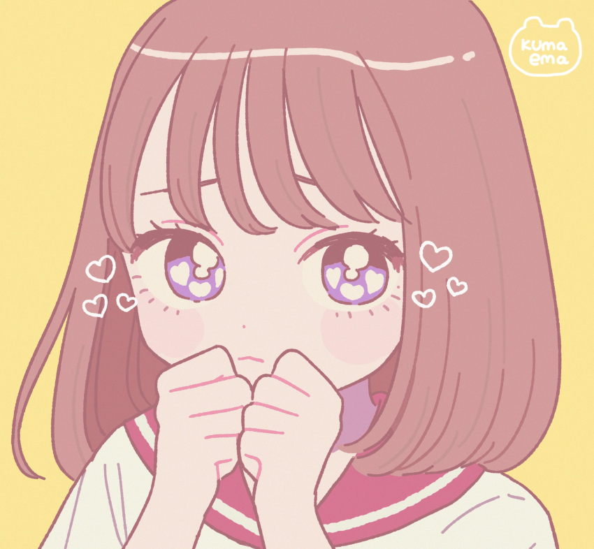 1girl artist_name bangs brown_hair clenched_hands closed_mouth heart highres looking_at_viewer medium_hair nokanok original own_hands_together portrait purple_hair red_sailor_collar sailor_collar simple_background solo symbol_commentary yellow_background