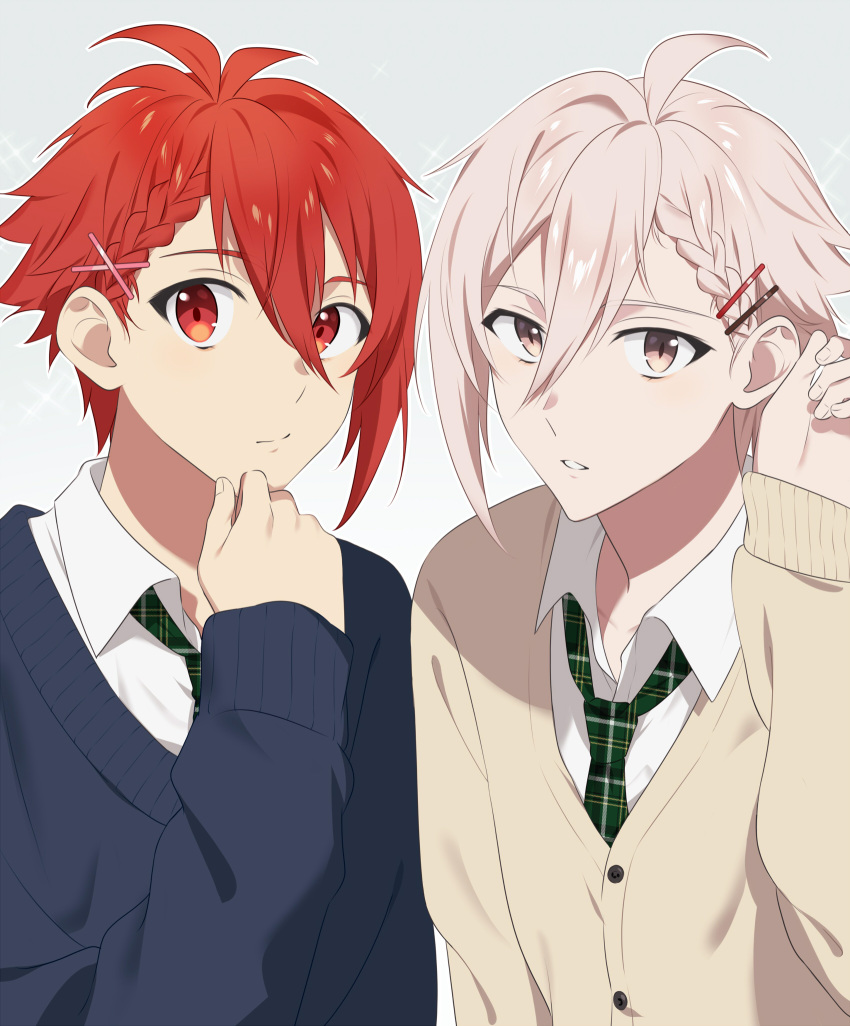 2boys ahoge antenna_hair blue_background blue_sweater braid brown_cardigan cardigan closed_mouth collared_shirt eyebrows_visible_through_hair green_neckwear hair_between_eyes hair_ornament hairclip hand_on_own_chin highres idolish_7 kujou_tenn long_sleeves looking_at_viewer male_focus multiple_boys nanase_riku necktie outline parted_lips pink_eyes pink_hair plaid_neckwear red_eyes redhead shirt short_hair sweater unapoppo unmoving_pattern upper_body white_outline white_shirt wing_collar x_hair_ornament
