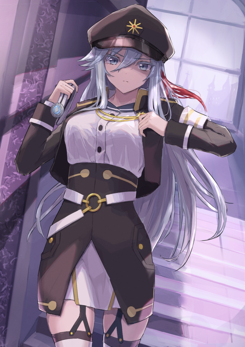 1girl 86_-eightysix- bangs belt blue_eyes closed_mouth hair_between_eyes hat highres ito_t20a long_hair looking_at_viewer military military_hat military_jacket military_rank_insignia military_uniform multicolored_hair o-ring redhead shirt_tucked_in silver_hair solo stairs straight_hair streaked_hair thigh-highs uniform v-shaped_eyebrows vladilena_millize window