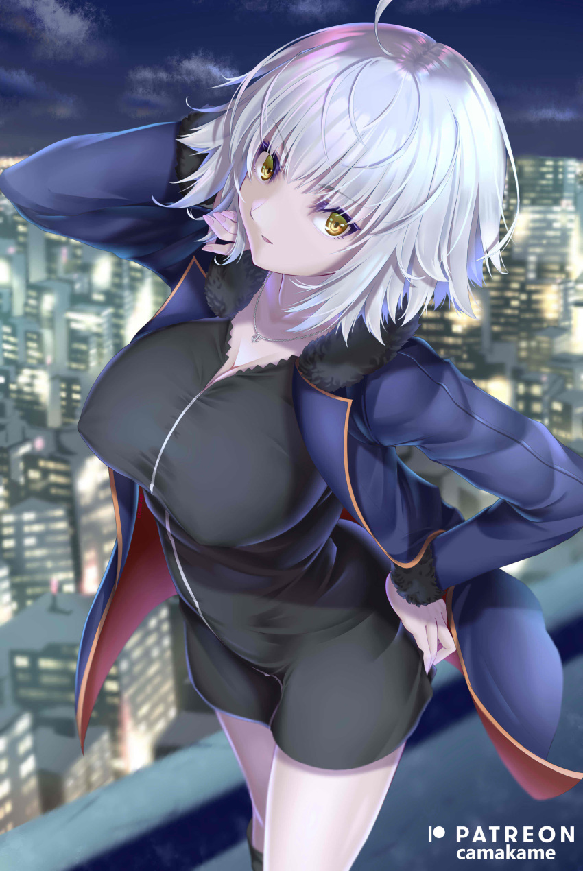 1girl absurdres ahoge bangs black_dress breasts coat dress fate/grand_order fate_(series) fur-trimmed_coat fur_trim highres jeanne_d'arc_(alter)_(fate) jeanne_d'arc_(fate)_(all) kamehito large_breasts long_sleeves looking_at_viewer open_clothes open_coat short_dress short_hair silver_hair wicked_dragon_witch_ver._shinjuku_1999 yellow_eyes