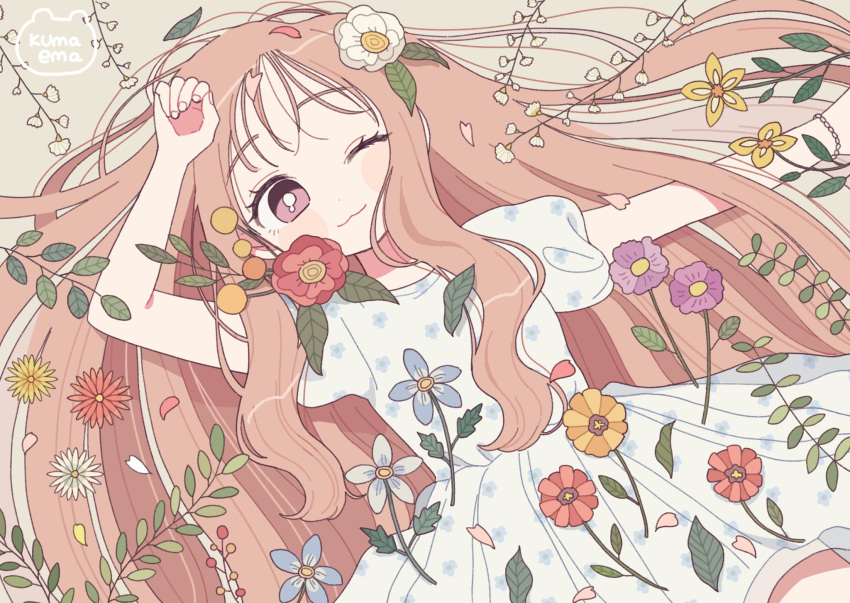 1girl :3 artist_name bracelet bright_pupils closed_mouth dress floral_print flower from_above hair_flower hair_ornament highres jewelry leaf long_hair lying nokanok on_back one_eye_closed orange_flower original outstretched_arm petals pink_eyes print_dress puffy_short_sleeves puffy_sleeves purple_flower red_flower short_sleeves sidelocks solo symbol_commentary very_long_hair white_flower white_pupils yellow_flower