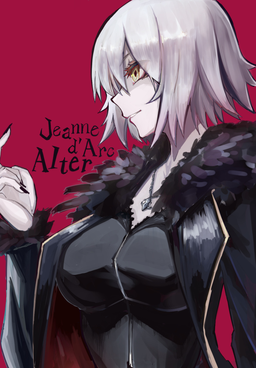 1girl akitsu_(davis0527dx) black_coat black_nails breasts coat colored_skin commentary_request english_text fate/grand_order fate_(series) from_side fur_trim highres jeanne_d'arc_(alter)_(fate) jeanne_d'arc_(fate)_(all) jewelry medium_breasts necklace red_background short_hair smile white_hair white_skin wicked_dragon_witch_ver._shinjuku_1999 yellow_eyes