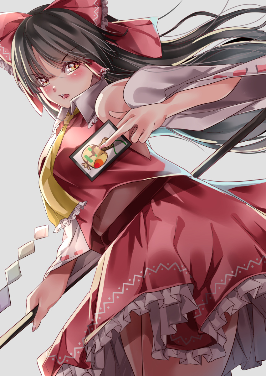 1girl absurdres armpits ascot between_fingers black_hair blush bow card collared_shirt cowboy_shot detached_sleeves eyebrows_visible_through_hair frilled_ascot frilled_bow frilled_shirt_collar frilled_skirt frills from_side gohei grey_background hair_between_eyes hair_bow hakurei_reimu highres holding holding_card holding_stick long_hair looking_at_viewer looking_to_the_side maboroshi_mochi open_mouth orange_eyes red_bow red_shirt red_skirt ribbon-trimmed_sleeves ribbon_trim shirt simple_background skirt sleeveless sleeveless_shirt solo stick teeth touhou upper_teeth v-shaped_eyebrows yellow_ascot