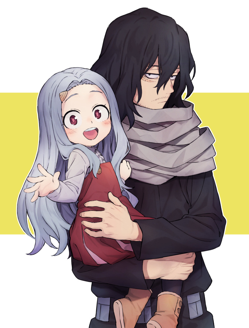 1boy 1girl :d aizawa_shouta bandages black_eyes black_hair black_pants black_shirt blush boku_no_hero_academia boots brown_footwear child closed_mouth dress eri_(boku_no_hero_academia) facial_hair grey_hair grey_shirt highres holding_another horns jitome long_hair long_sleeves looking_at_viewer mustache open_mouth pants red_dress red_eyes scar scar_on_face scarf shirt single_horn smile stubble tsuu_(tu3_f) two-tone_background upper_teeth white_background yellow_background