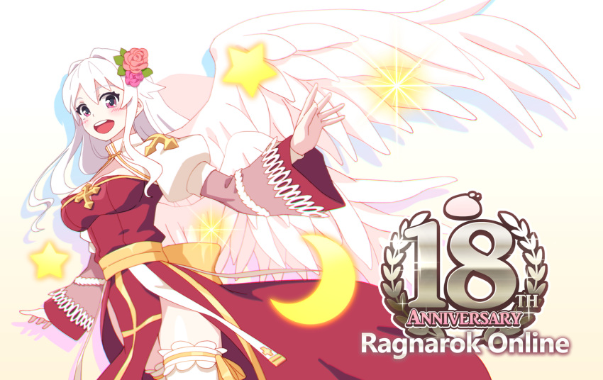 1girl angel_wings anniversary archbishop_(ragnarok_online) blush bow commentary cowboy_shot crescent dress eyebrows_visible_through_hair feathered_wings feathers ike_masato juliet_sleeves long_hair long_sleeves looking_at_viewer open_mouth poring puffy_sleeves ragnarok_online red_dress red_eyes sash simple_background solo standing star_(symbol) teeth thigh-highs white_background white_dress white_hair white_legwear wings yellow_bow yellow_sash