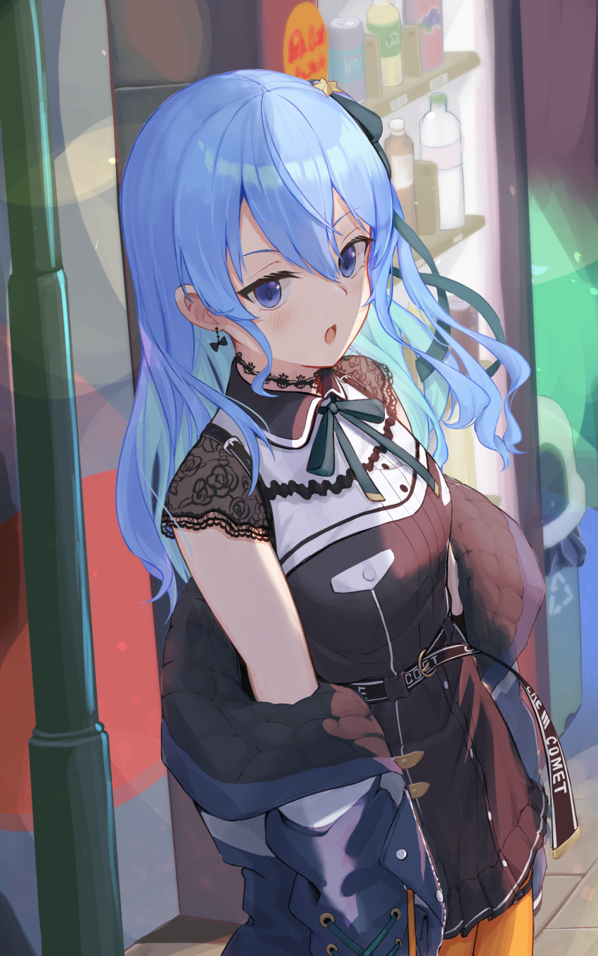1girl arrow_(symbol) belt black_hair blue_coat blue_eyes blue_hair bottle bow bow_earrings can choker coat cowboy_shot day earrings eyelashes floral_print highres hololive hoshimachi_suisei jewelry jieqie lace lace-trimmed_sleeves lace_choker lace_trim lamppost long_hair looking_at_viewer no_hat no_headwear off-shoulder_coat open_mouth orange_legwear outdoors padded_coat pantyhose recycle_bin recycling_symbol sidewalk soda_can solo thighs vending_machine virtual_youtuber wavy_hair winter_clothes winter_coat