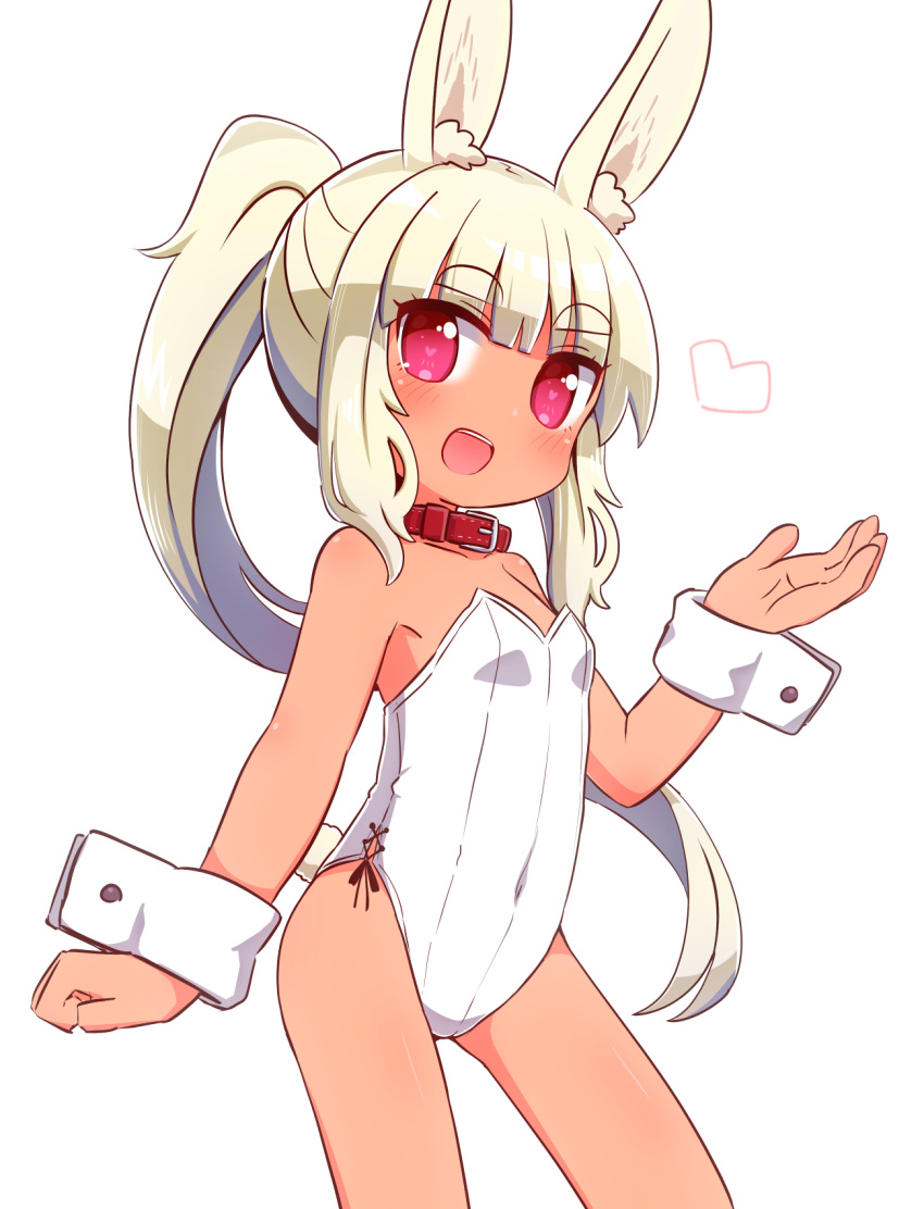 1girl :d animal_ear_fluff animal_ears bangs bare_shoulders blonde_hair blush bunny_girl bunny_tail collar collarbone commentary_request dark_skin eyebrows_visible_through_hair hand_up heart heart-shaped_pupils highres leotard long_hair masurao_(sekaiju) naga_u open_mouth ponytail rabbit_ears red_collar red_eyes sekaiju_no_meikyuu sekaiju_no_meikyuu_5 short_eyebrows sidelocks simple_background smile solo strapless strapless_leotard symbol-shaped_pupils tail thick_eyebrows upper_teeth very_long_hair white_background white_leotard wrist_cuffs