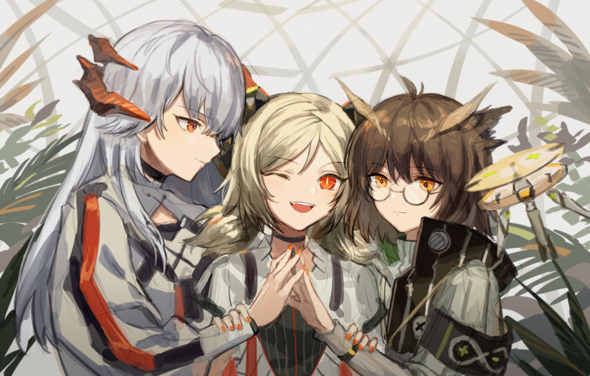 3girls ;d ahoge arknights black_choker choker coat commentary demon_horns dragon_horns drone eyebrows_visible_through_hair fang feather_hair glasses hands_together happy highres horns ifrit_(arknights) long_hair looking_at_another low_twintails multiple_girls nail_polish one_eye_closed open_mouth orange_eyes orange_nails plant red_eyes rhine_lab_logo ribbed_sweater saria_(arknights) short_hair silence_(arknights) sketch smile spacelongcat standing sweater tied_hair twintails white_coat white_hair