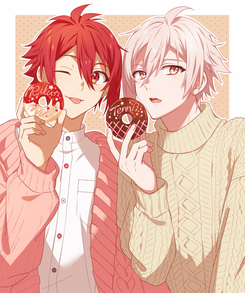 2boys ;p absurdres aran_sweater border buttons cardigan character_name collared_shirt doughnut food highres holding holding_food idolish_7 kujou_tenn long_sleeves looking_at_viewer male_focus multiple_boys nanase_riku one_eye_closed open_mouth outline pink_cardigan pink_eyes pink_hair polka_dot polka_dot_background red_eyes redhead shirt short_hair sweater tongue tongue_out unapoppo upper_body white_border white_outline white_shirt