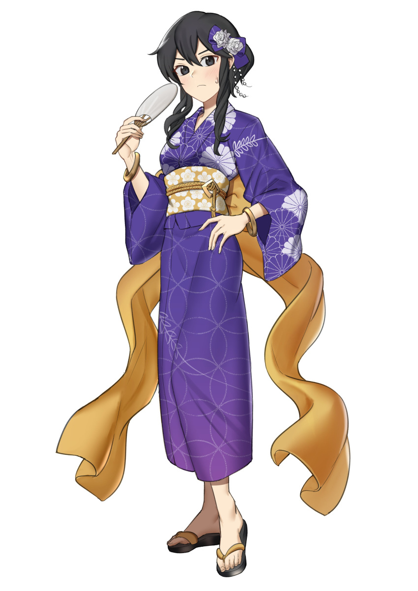 1girl absurdres black_eyes black_hair breasts ebinku fan fire_emblem fire_emblem:_genealogy_of_the_holy_war frown full_body hair_ornament highres japanese_clothes kimono larcei_(fire_emblem) looking_at_viewer no_socks obi paper_fan pattern_request purple_kimono sandals sash short_hair_with_long_locks simple_background small_breasts solo uchiwa white_background yukata