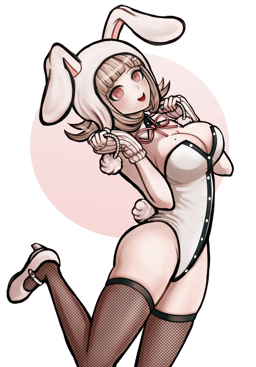 1girl :d animal_ears animal_hood blush breasts bunny_hood bunny_tail commission dangan_ronpa detached_collar fake_animal_ears fake_tail fishnet_legwear fishnets flipped_hair highleg highres hood komatsuzaki_rui_(style) ktokei large_breasts leg_up leotard lipstick looking_at_viewer makeup mole mole_on_breast nanami_chiaki neck_ribbon official_style open_mouth parody pink_eyes pink_hair playboy_bunny rabbit_ears ribbon short_hair smile solo strapless strapless_leotard super_dangan_ronpa_2 tail thigh-highs upper_teeth