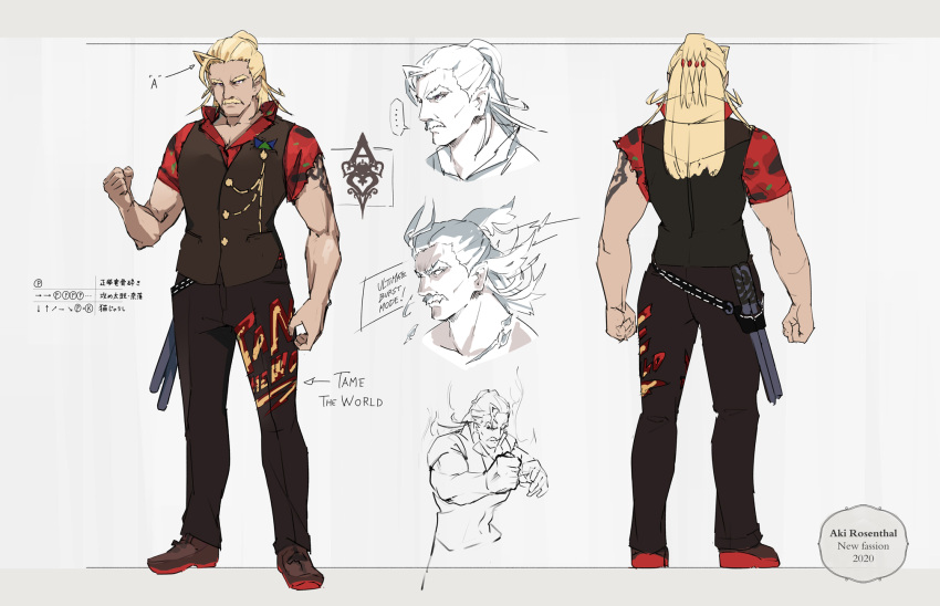 1boy action azumi_akitake braid commentary_request concept_art english_text facial_hair highres hololive long_hair male_focus move_chart mukirose muscle mustache pants pointy_ears shirt tattoo torn_clothes torn_legwear translation_request vest
