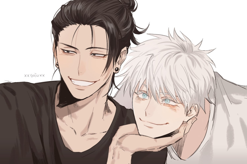 2boys artist_name bangs black_eyes black_hair black_shirt blue_eyes blush closed_mouth collarbone ear_piercing getou_suguru gojou_satoru grin hair_between_eyes hair_bun hair_pulled_back hand_on_another's_chin jujutsu_kaisen looking_away male_focus multiple_boys piercing shirt short_hair simple_background smile tsurime upper_body white_background white_hair white_shirt xxgojoxx