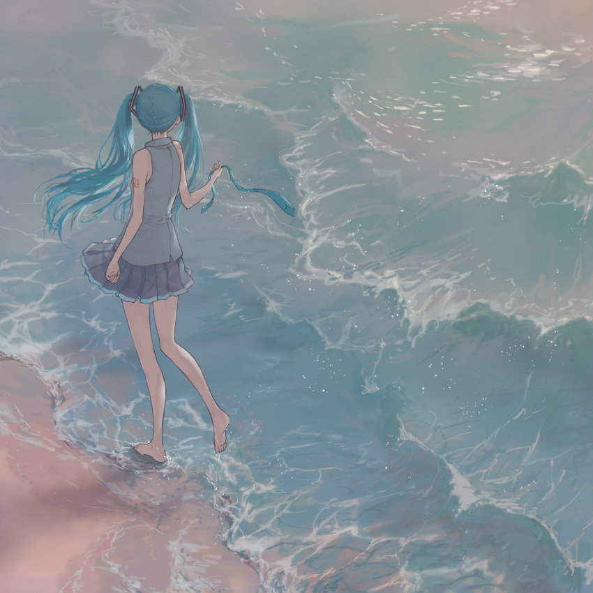 1girl akizakura_(mns) aqua_hair aqua_neckwear bare_shoulders barefoot beach black_skirt from_behind grey_shirt hair_ornament hatsune_miku highres holding_necktie long_hair looking_away miniskirt necktie necktie_removed pleated_skirt sand scenery shadow shirt shoulder_tattoo skirt sleeveless sleeveless_shirt solo tattoo twintails very_long_hair vocaloid walking waves