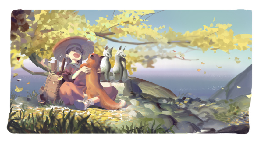 1girl :d absurdres animal bag bangs black_hair blunt_bangs character_request closed_eyes day fox ghost_of_tsushima happy hat headband highres indian_style laughing leaf long_hair open_mouth outdoors psi_(583278318) rice_hat sandals sitting smile socks statue tree