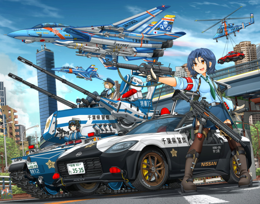 1girl 5others aiguillette aircraft airplane armband assault_rifle bangs baton belt black_belt black_footwear black_hair black_headwear black_legwear black_skirt blonde_hair blue_eyes blue_hair blue_jumpsuit blue_pants blue_shirt blue_sky boots building city clouds cloudy_sky collared_shirt commentary_request crossed_legs day emblem eyebrows_visible_through_hair f-14_tomcat f-18_hornet fighter_jet garters gloves goggles goggles_on_headwear green_neckwear ground_vehicle gun hat helicopter highres holding holding_gun holding_weapon holster japanese_flag japanese_national_police_agency_(emblem) jet lamppost leaning_back looking_to_the_side mikeran_(mikelan) military military_vehicle mini_uzi miniskirt motor_vehicle multiple_others necktie nissan nissan_fairlady open_mouth orange_eyes original outdoors pants partial_commentary peaked_cap pilot police police_hat police_uniform policewoman power_lines rifle roundel scope shadow shirt shoes short_hair shoulder_holster side_slit sitting skirt sky sleeves_rolled_up smile solo standing submachine_gun tank tank_helmet thigh-highs thigh_strap trigger_discipline type_87_self-propelled_anti_aircraft_gun uniform v-shaped_eyebrows weapon weapon_request white_gloves