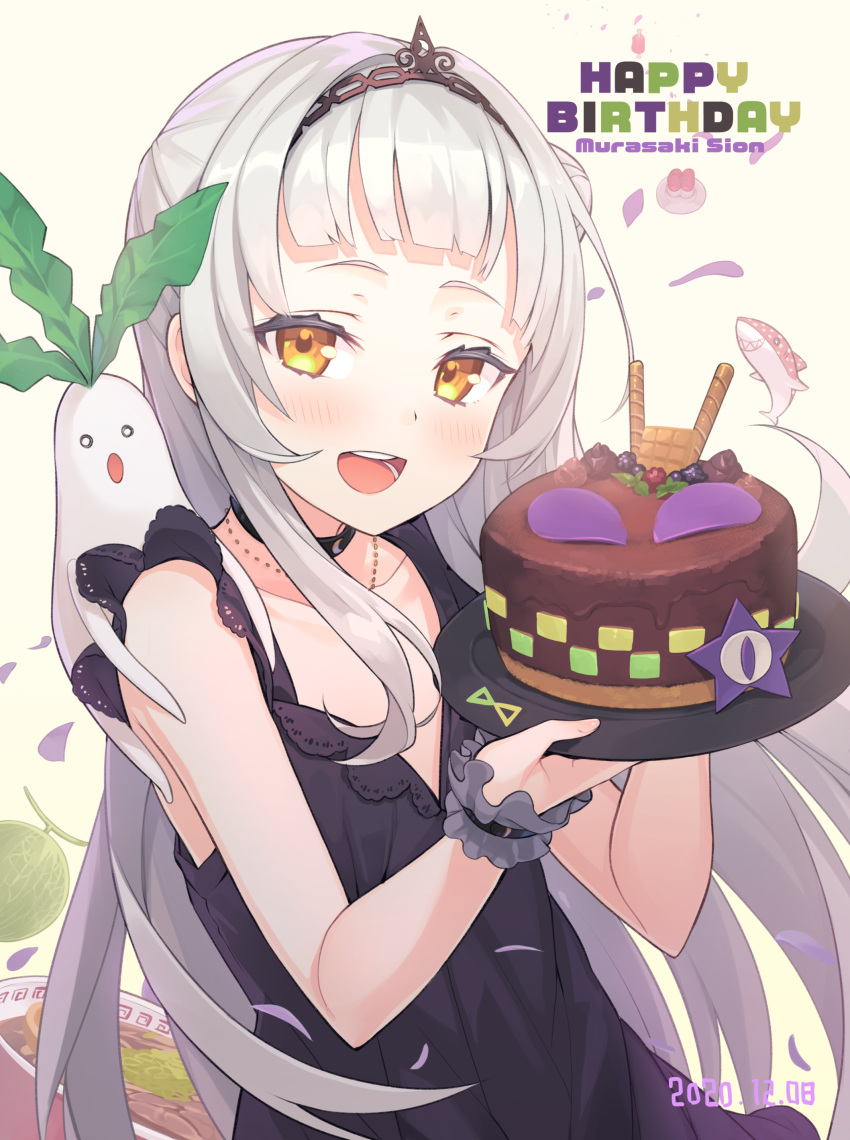 1girl absurdres birthday_cake black_choker black_dress blush cake character_name chocolate_cake choker commentary daikon dated dress english_text flat_chest food fruit hair_bun happy_birthday highres holding holding_plate hololive long_hair looking_at_viewer melon murasaki_shion noodles open_mouth orange_eyes petals plate ramen side_bun silver_hair simple_background sleeveless sleeveless_dress smile solo straight_hair sushi symbol_commentary tam-u tiara upper_body virtual_youtuber white_background wrist_cuffs