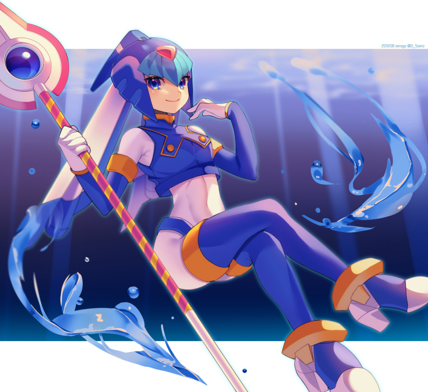 1girl android blue_eyes bodysuit boots breasts capcom crossed_legs helmet high_heels highres holding holding_weapon leviathan_(rockman) polearm rockman rockman_zero smile solo spear thigh-highs thigh_boots water weapon zero-go