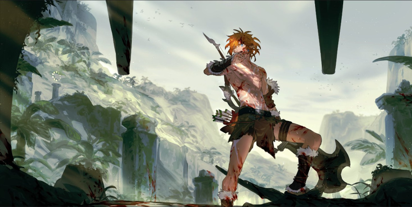 1boy arsh_(thestarwish) bleeding blonde_hair blood blue_eyes bow_(weapon) cuts fur_trim injury link ponytail quiver shirtless solo standing sunlight sword tattoo the_legend_of_zelda the_legend_of_zelda:_breath_of_the_wild toned toned_male weapon