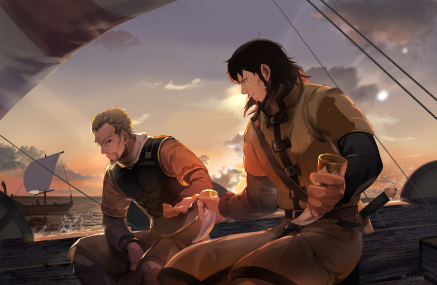 askeladd bjorn_(vinland_saga) black_hair blonde_hair clouds drinking_horn highres ocean sailing ship short_hair sunset viking viking_longship vinland_saga watercraft