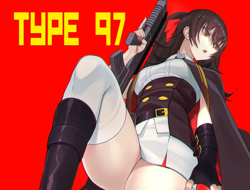 assault_rifle black_hair boots breasts brown_eyes girls_frontline gun highres long_hair looking_away medium_breasts miniskirt qbz-97 qbz-97_(girls_frontline) rifle simple_background skirt sugimoto_takeshi thick_thighs thigh-highs thighs twintails weapon
