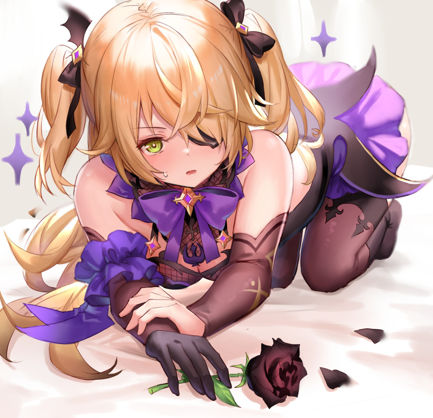 1girl 666_(ro_ro_ro3) all_fours arm_scrunchie bare_shoulders bat_hair_ornament black_bow black_eyepatch black_flower black_ribbon black_rose blonde_hair bodystocking bodysuit bow bowtie breasts brown_legwear brown_sleeves commentary eyepatch fischl_(genshin_impact) fishnet_bodysuit fishnets flower genshin_impact gloves green_eyes hair_bow hair_ornament hair_over_one_eye highres holding holding_flower long_hair looking_at_viewer open_mouth petals purple_bow purple_neckwear ribbon rose single_glove solo sparkle sweat thigh-highs two_side_up