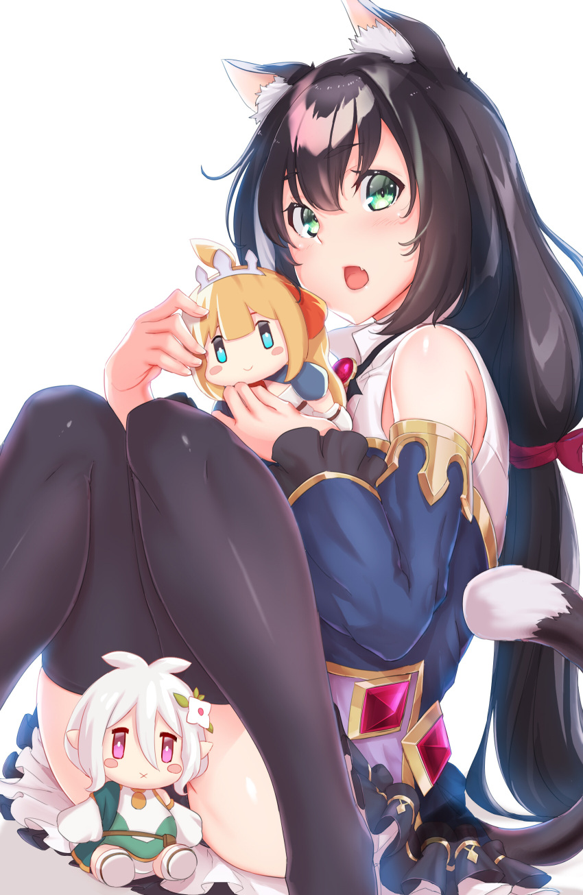 1girl absurdres ahoge animal_ear_fluff animal_ears bangs black_hair blonde_hair blue_eyes blush cat_ears cat_girl cat_tail chibi collared_shirt detached_sleeves eyebrows_behind_hair hair_between_eyes highres holding holding_stuffed_toy karyl_(princess_connect!) kokkoro_(princess_connect!) looking_at_viewer o-hako open_mouth pecorine_(princess_connect!) pointy_ears princess_connect! princess_connect!_re:dive shirt short_hair sitting solo stuffed_toy tail thigh-highs tiara white_background white_hair