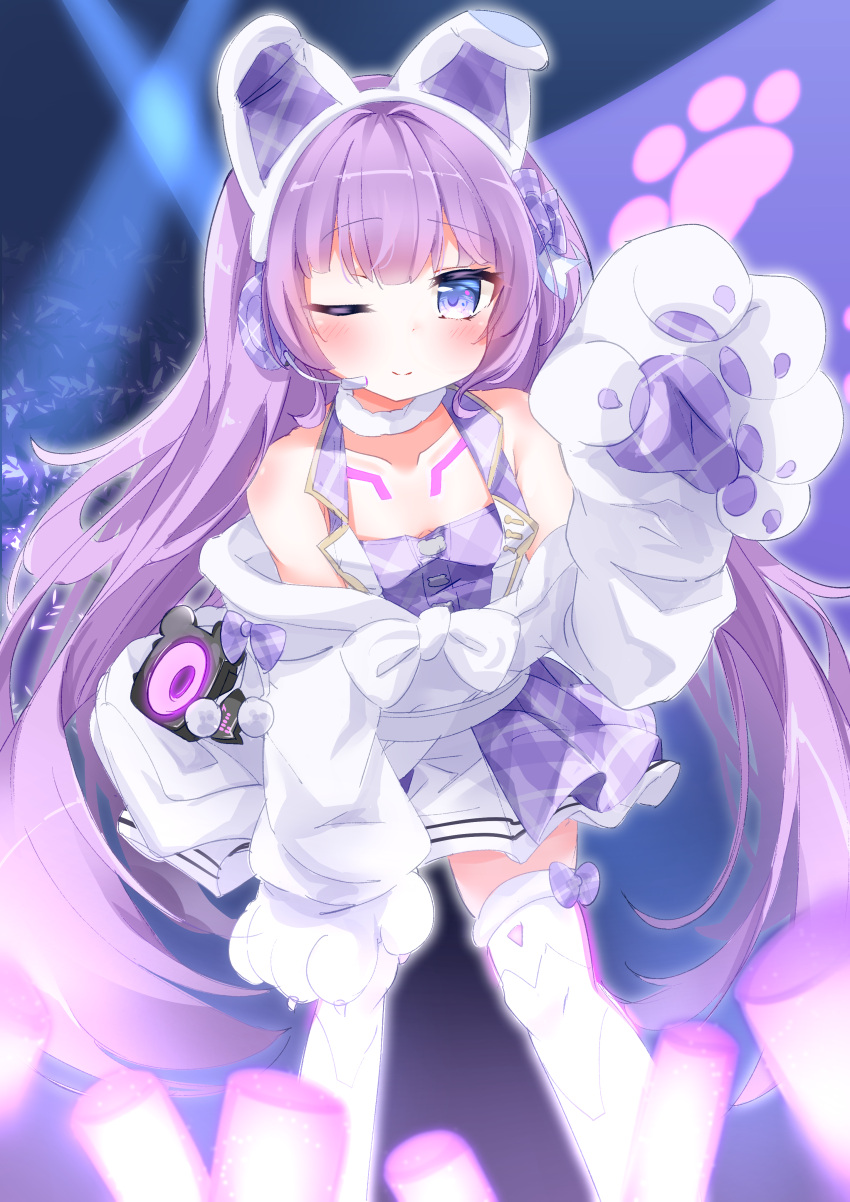 1girl absurdres animal_ears azur_lane blurry blurry_background blush boots collarbone commentary_request fake_animal_ears highres jacket long_hair looking_at_viewer nissi one_eye_closed paws smile solo stage_lights tashkent_(azur_lane) tashkent_(muse)_(azur_lane) thigh-highs thigh_boots violet_eyes