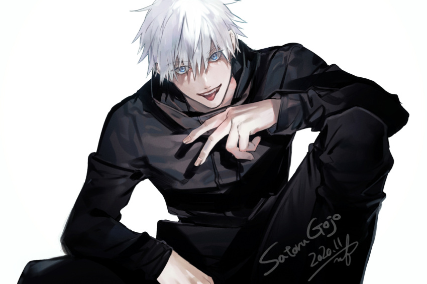 1boy bangs black_jacket black_pants blue_eyes character_name cowboy_shot dated eyebrows_visible_through_hair eyes_visible_through_hair fuji_mitsuya gojou_satoru hair_between_eyes hand_up high_collar jacket jujutsu_kaisen knee_up long_sleeves looking_at_viewer male_focus open_mouth pants short_hair simple_background sitting smile solo tongue tongue_out v white_background white_hair