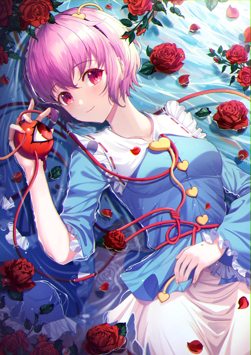 1girl absurdres arm_up blue_shirt cowboy_shot eyebrows_visible_through_hair flower flower_on_liquid frilled_shirt_collar frills from_above hair_ornament hairband hand_on_own_stomach heart heart_hair_ornament highres holding in_water komeiji_satori light_smile long_sleeves looking_at_viewer lying on_back partially_submerged petals pink_eyes pink_hair pink_skirt red_flower red_rose rose sake_(msotome_art) shirt short_hair skirt solo third_eye touhou wide_sleeves