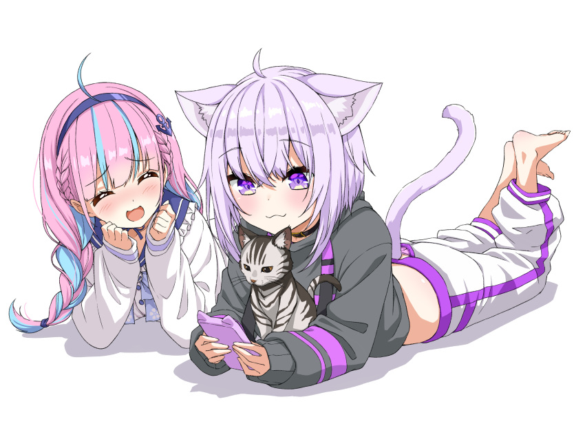 2girls :3 absurdres ahoge animal_ear_fluff animal_ears asanaya barefoot black_shirt blue_hair blush braid cardigan cat cat_ears cat_tail cellphone clenched_hands closed_eyes clothing_cutout collar feet hairband hand_to_own_mouth highres hololive legs_up long_hair lying midriff minato_aqua multicolored_hair multiple_girls nekomata_okayu on_stomach open_mouth panties pants panty_peek phone pink_hair pink_panties purple_hair shirt short_hair simple_background smartphone smile soles tail tail_cutout temari_(nekomata_okayu) toes twin_braids twintails two-tone_hair underwear violet_eyes virtual_youtuber white_background white_cardigan white_pants